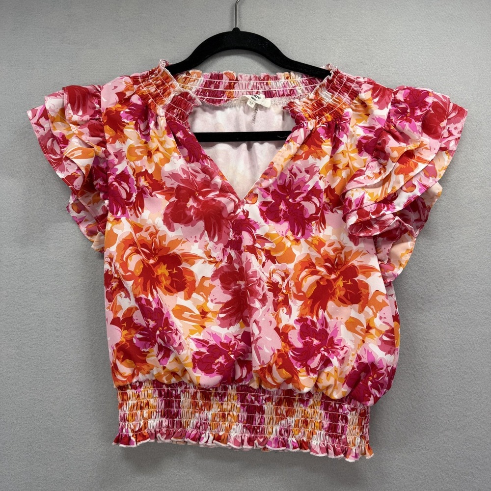 Entro Blouse Top Womens M Multi Floral Ruffle Flutter Sleeve Elasticized Waist